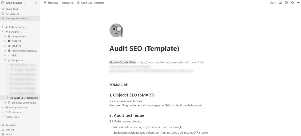Exemple template Notion Audit SEO
